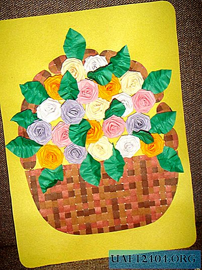 Greeting card with volumetric roses in a wicker basket